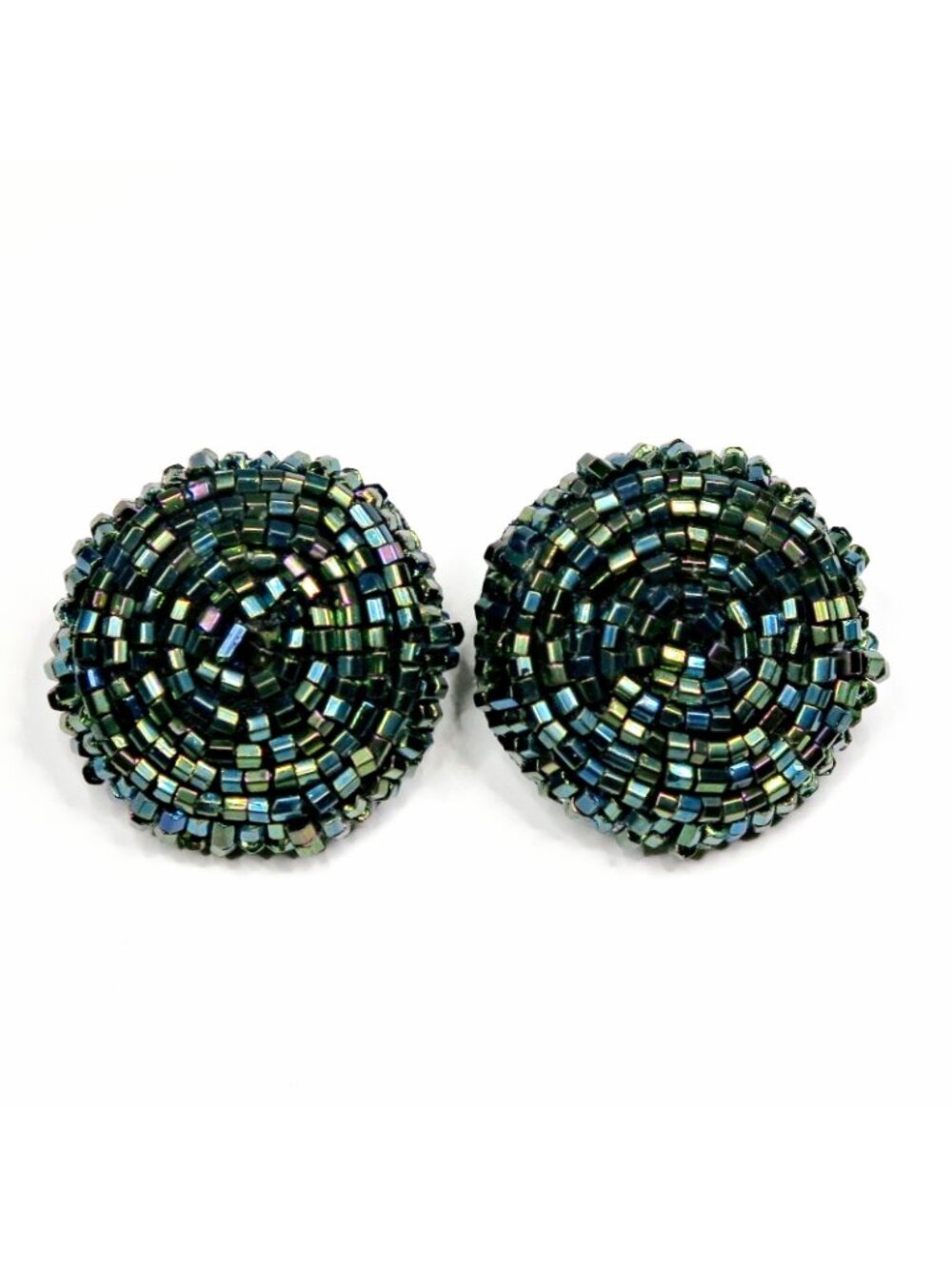 Iridescent Blue Beaded Clip-On Earrings Vintage 1960s-70s Statement Jewelry - Picture 2 of 4